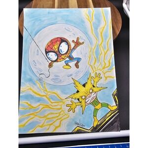 Franco Aureliani Cartoon Artist Signed Drawing Spiderman & The Flash 9" x 11.5"